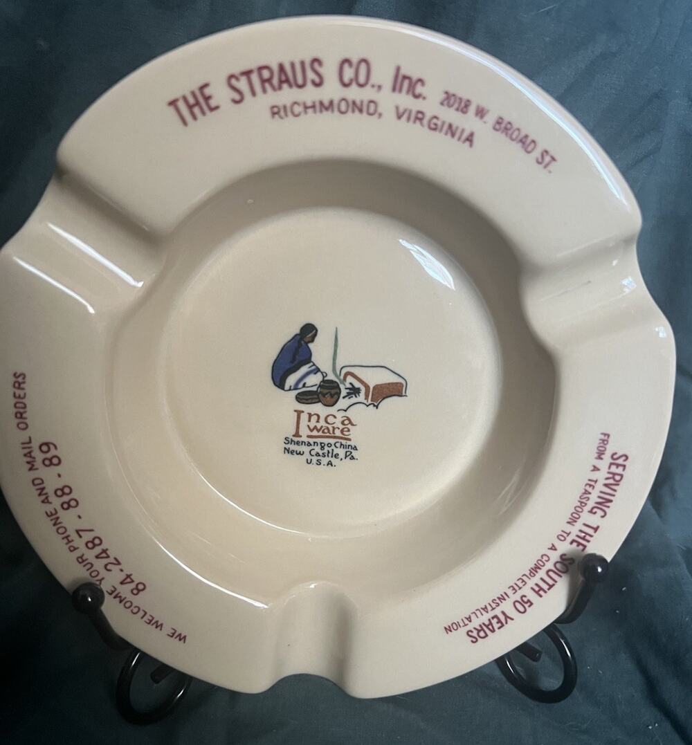 Vintage Shenango China Inca Ware Ashtray The Straus Co Richmond VA Mint 1930’s